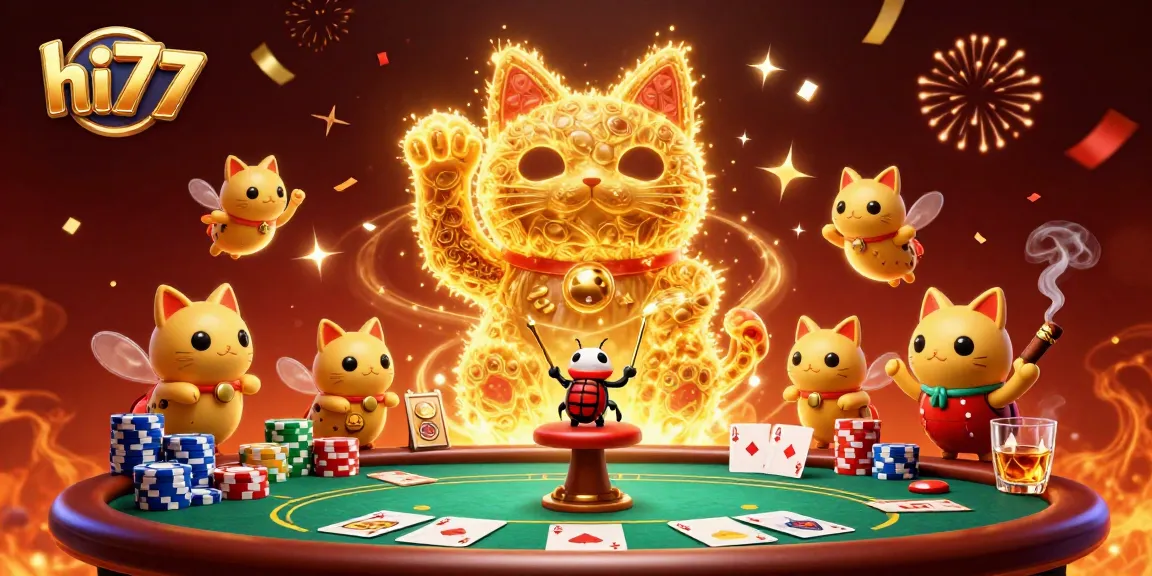 Experience the winning charm of hi77 with a vibrant casino scene featuring a lucky cat and poker elements.