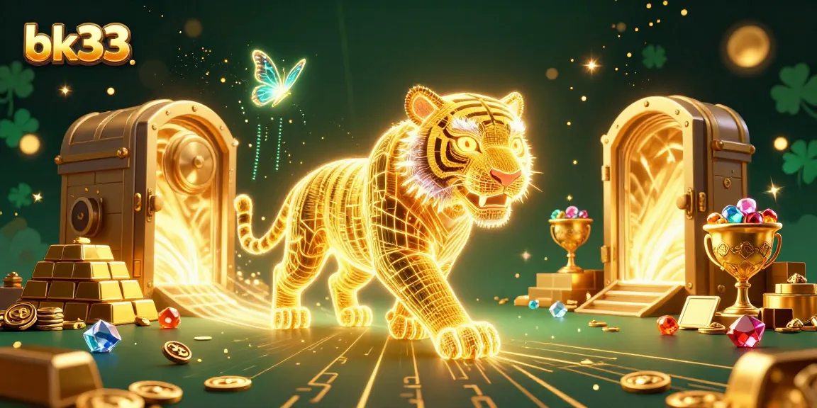 Experience the thrill of bk33 with a neon tiger in a vibrant digital casino, surrounded by treasures.