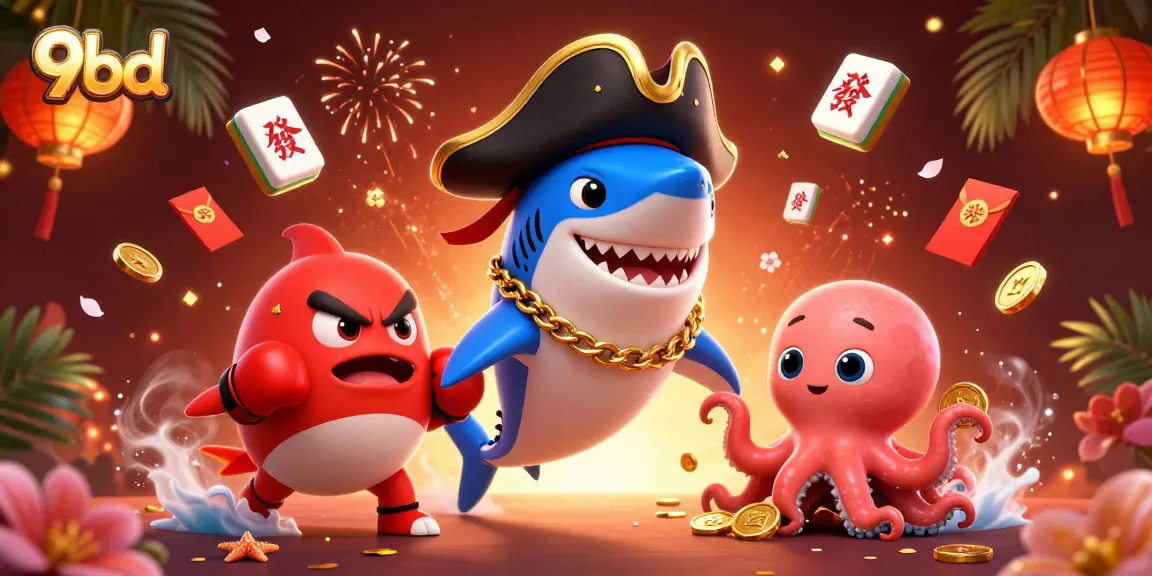 Engage in thrilling gaming with 9bd as a shark pirate, pufferfish, and octopus celebrate wins.