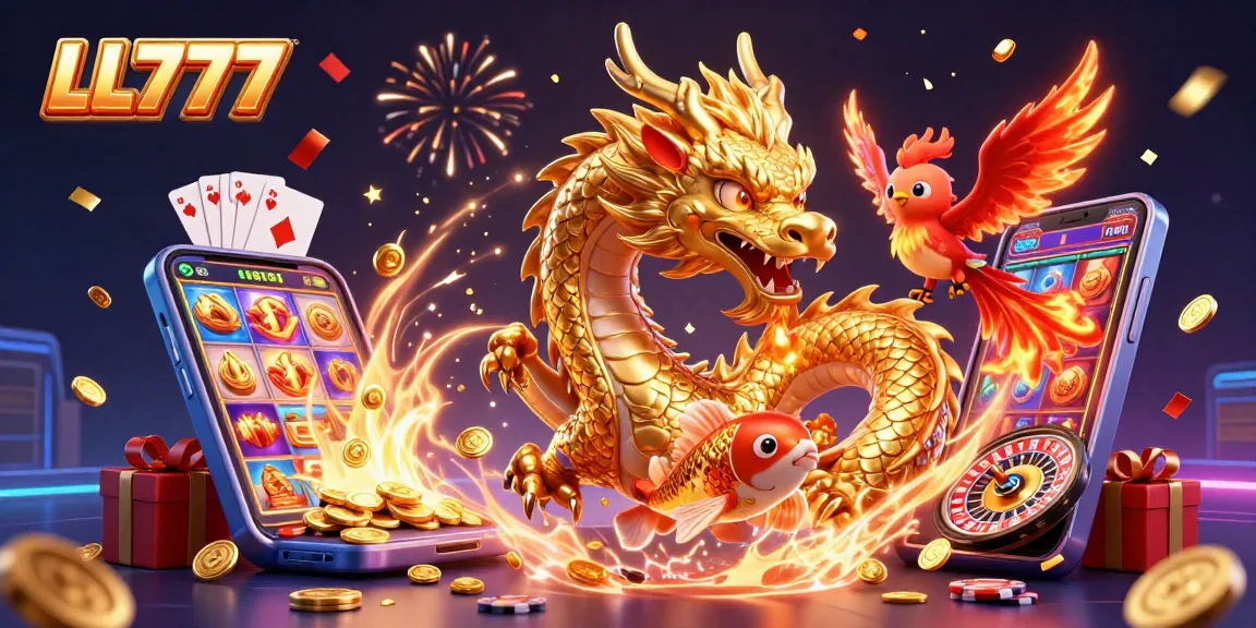 Experience LL777's thrilling online gaming with a golden dragon, phoenix, and a koi fish in a rich casino scene.