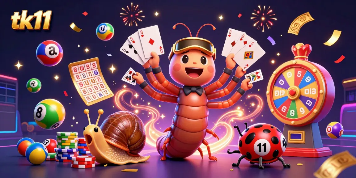 tk11 offers exciting lottery-style games with vibrant prizes in a dynamic gaming illustration.