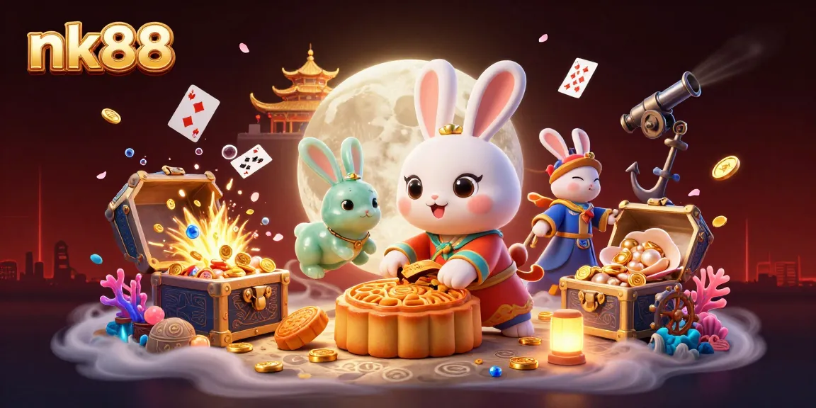 Win big at nk88 with an enchanting scene of a moon rabbit revealing poker chips.