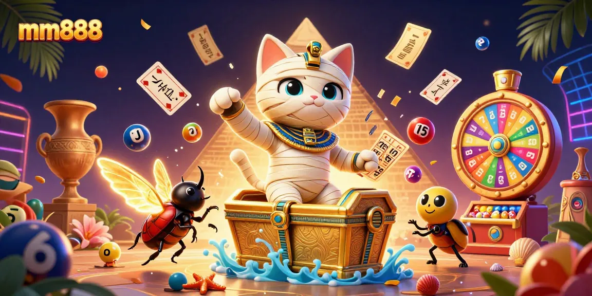 Experience the thrill of mm888 with vibrant casino action featuring a mummy cat, scarab, and dynamic lottery elements.